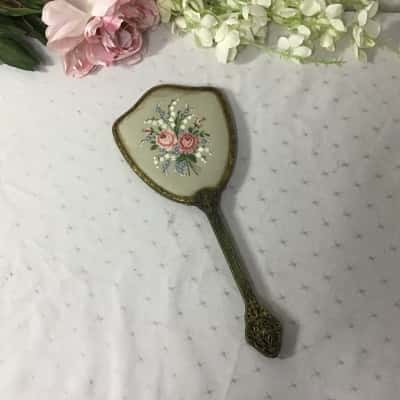 Vintage Vanity Hand Mirror with Petit Point Embroidery and Gilt Metal Handle