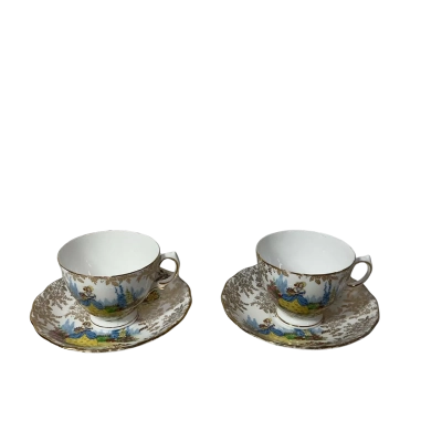 Vintage Colclough Crinoline Lady in Garden 2 x Bone China Teacups & Saucers