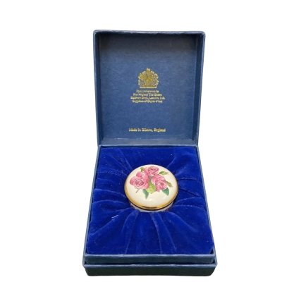 Vintage Halcyon Days Enamels “Rosa Bourboniana” Miniature Pill Box – Mint, Boxed (England)