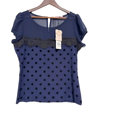BNWT Review Womens Size 14 Fitted Polka Dot and Lace Accent Short Sleeve Top Navy RRP: $89.95
