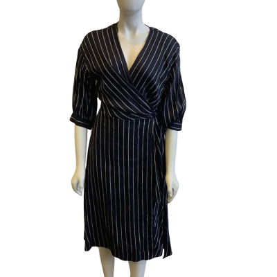 Veronika Maine Women's Size 12 Midi Wrap Dress Navy Blue & White Striped 