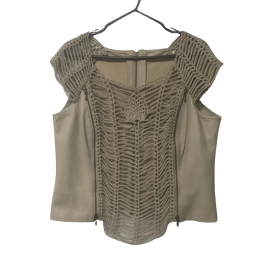 Womens Size 12-14 (approx.) Short Sleeve Leather Top Beige / Brown 