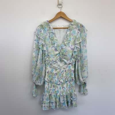 Sabo Skirt Light Blue Green Floral Long Sleeve Cut Out Mini Dress  Size S 