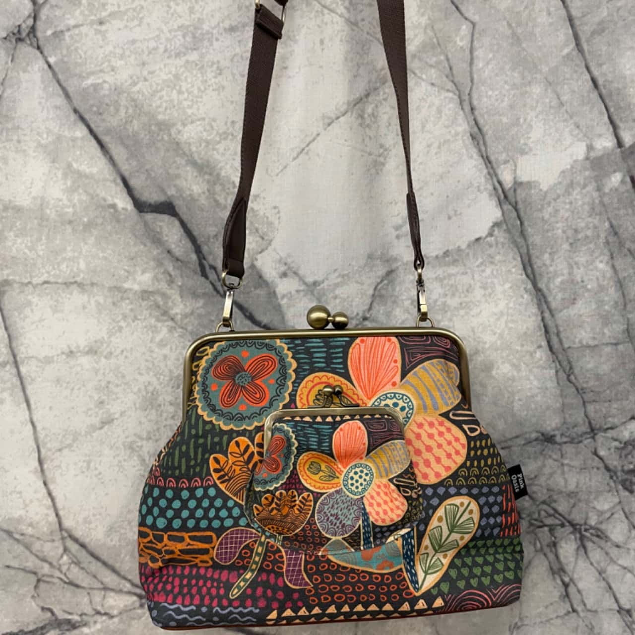 Pink Oasis Doodle Flora Handbag and Crossbody 2 Way Bag, Leather and Linen, Brand New with Tags