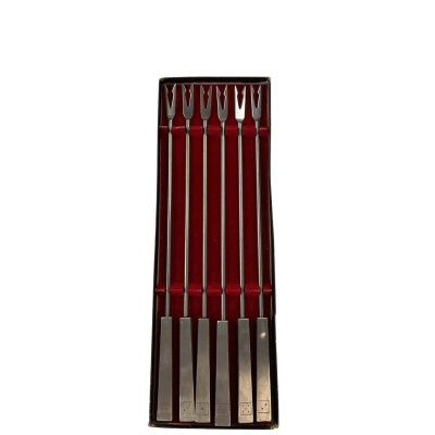 Lot of 6x Vintage Fondue Forks with Metal and Teak Dice Handles with Box 