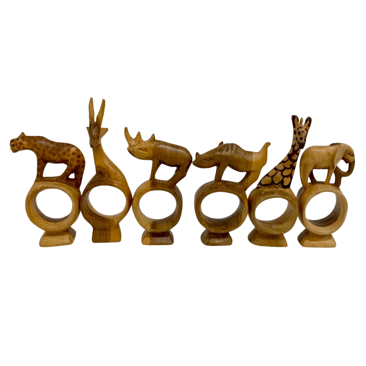 6 Wooden Carved African Animal Napkin Rings(s)