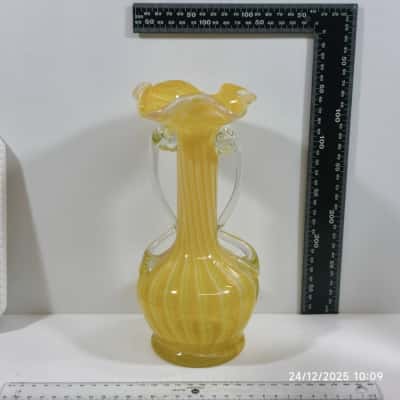 Vintage Murano Style Yellow Glass Blown Art Handled Vase 
