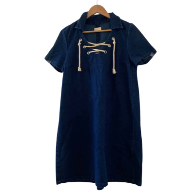 Gorman Spells Blue Denim Shift Dress Size 10 Open Collar Rope Tie Short Sleeve