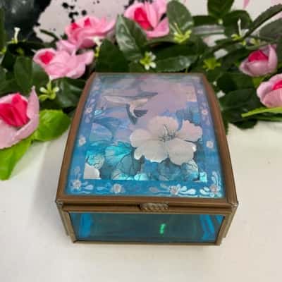 Gorgeous musical jewellery box blue colours with hummingbird 
