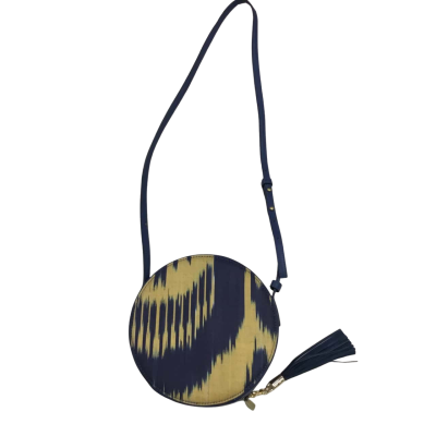 Frankitas Round Blue & Beige Cross Body Bag With Shoulder Strap & Tassel