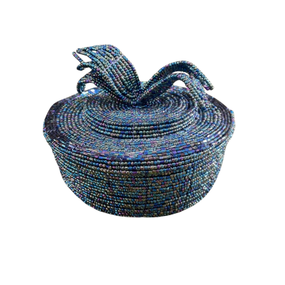 Handwoven Beaded Round Trinket Box 14cm Diameter 