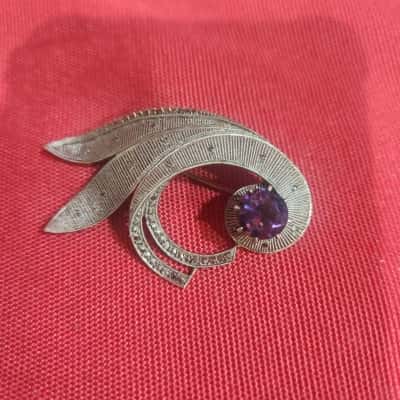 Vintage Thedore Fahrner Sterling Silver Brooch w/ Amethyst Stone - EUC