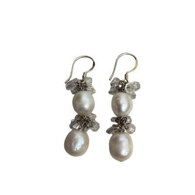 Beaded Womens Earrings Sterling Silver (Stamped 925 on Shank) with Real Pearls 