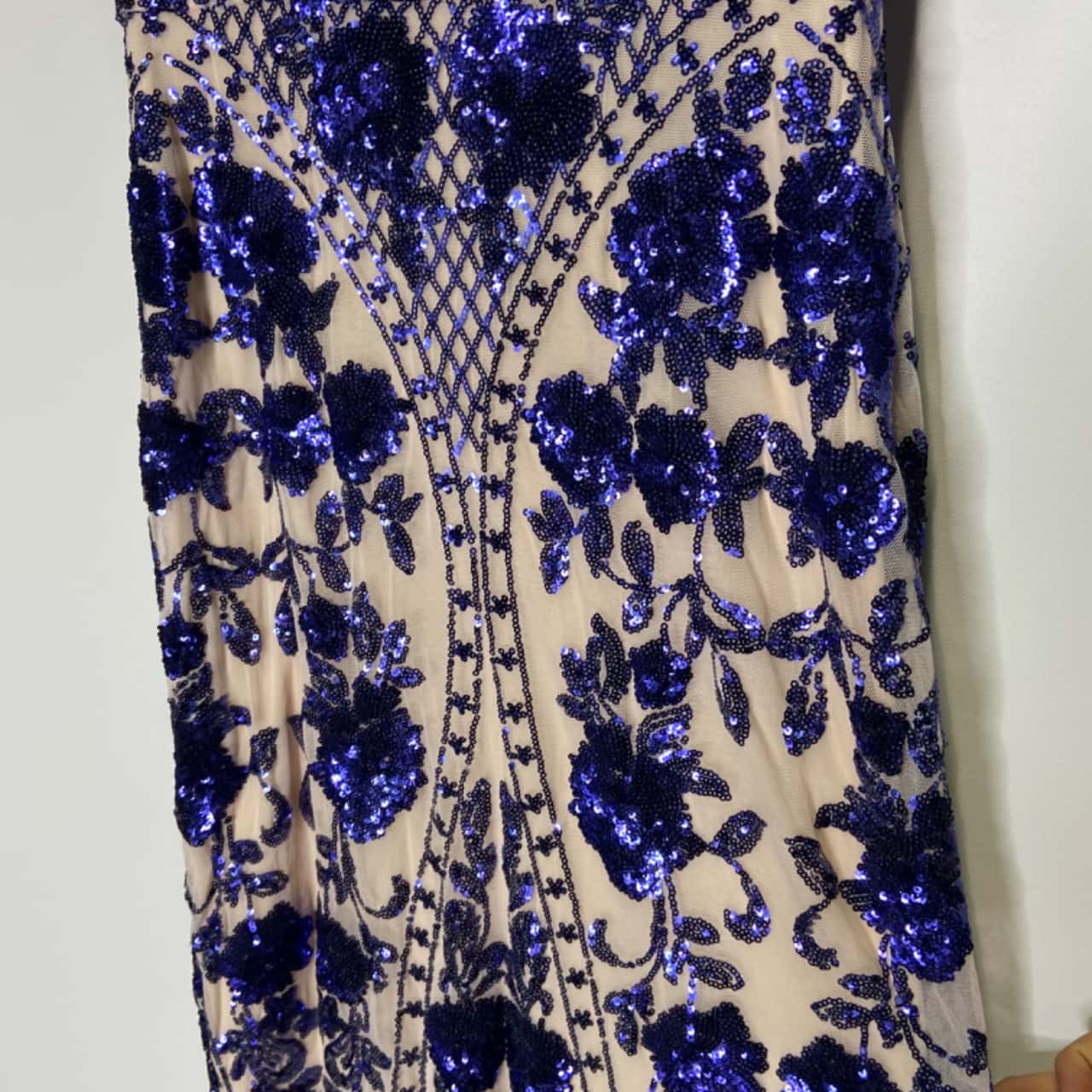Bariano Womens Size 10 Maxi Off The Shoulder Jolly Sequin Dress Blue / Nude  BNWT RRP $319.95(s) - New With Tags | Salvos Stores