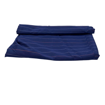 Man made fibre mix with sateen feel.  115 x 275 cms.  Navy blue with multi-coloured pin stripes. (Fab 1).