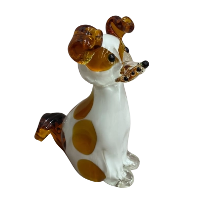 Glass Dog Figurine Whire with Brown Patches