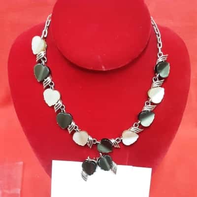 Vintage Thermoset Necklace and Matching Clip on Earrings with Heart-Shaped Olive and Cream Components