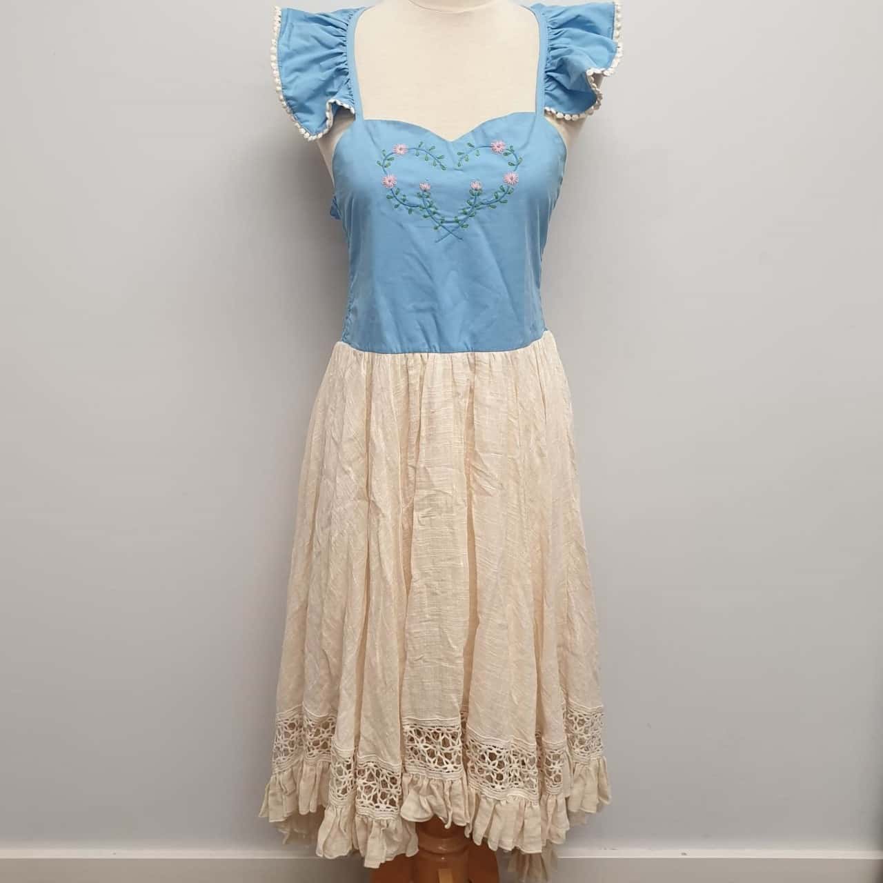 Dollcake Prairie Style Lace & Pale Blue Ruffle Sleeve & Bodice With Cream /  Dove Tail Hemline /Midi Maxi Dress /Party /Costume /Comicon Size 12 - RRP  $89.99 (s) - Used As New | Salvos Stores