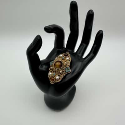 Faux Pearl, Blue and Browns Stone Brass Brooch 