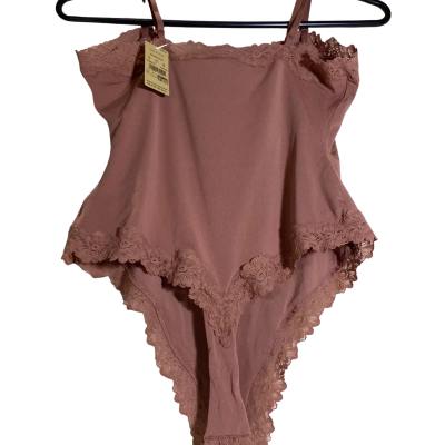 Size 14 lace-trim shaping bodysuit in a mauve or deep rose shade, featuring thin adjustable spaghetti straps and delicate scalloped lace detailing along the neckline and leg openings