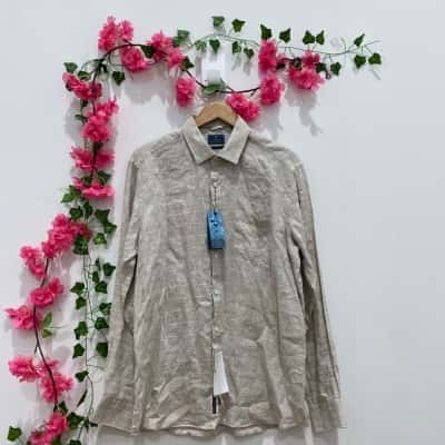 Linen Club Studio Mens Size 42 Long Sleeve Shirt Beige / Striped 