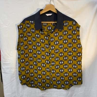 Gorman Womens  Size 12 Button Up Top Brown / Navy Blue 