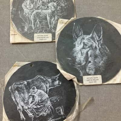 VERY VINTAGE! Three natural slate artworks. Over 500 million years old slate!