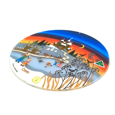 Pettis Studio Glass Melbourne Decorative Flat Glassware x4 - See Pics - 4 Seasons Design Detail - 25cm Diameter  (brica shelf)