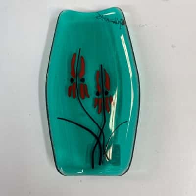 Art Glass Green- coloured Glass Dish w/Black floral design 