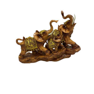Set of 3 Elephants - Brown Finish with Gold and Yellow Accents 