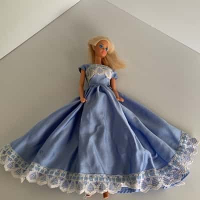 1980's Barbie Doll in Blue Satin and Lace Dress