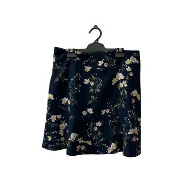 Review Women's Size 12 Ruffled Hemline Skirt in Blue + Multicolour Floral Patterning