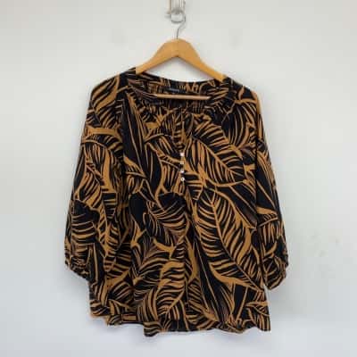 Pingpong Black Beige Pattern Long Sleeve Blouse Top Size 18