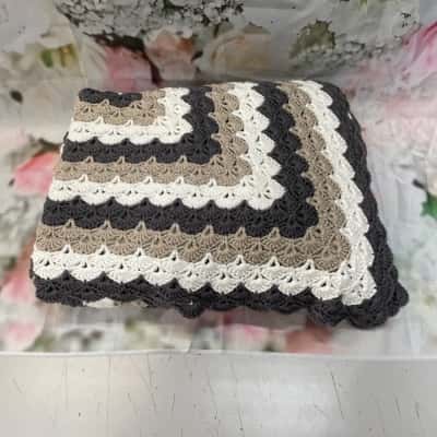 Large, Heavy Crocheted Blanket in White, Grey & Beige. 200cm2.