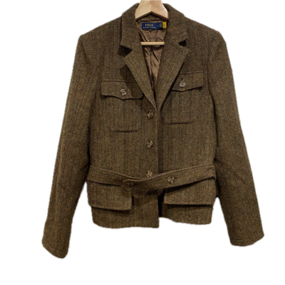 Polo Ralph Lauren Womens Size 8 Brown Cupro Herringbone Belted Blazer