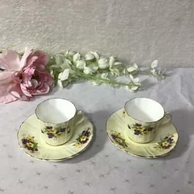 Vintage Old Royal Yellow / Purple Floral Bone China Cup & Saucer (x 2)