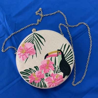 Sheike Round Clutch Bag With Toucan & Flower Design &Chain Strap