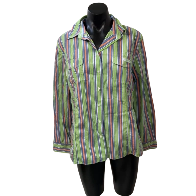 R.M. Williams Womens  Size 12 Blouse Green / Orange / Pinstriped / White 