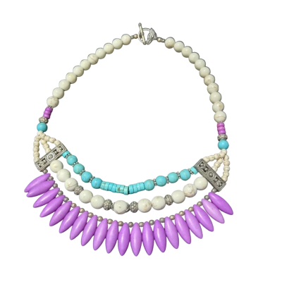 Hand Made Purple, White & Turquoise Beaded Necklace