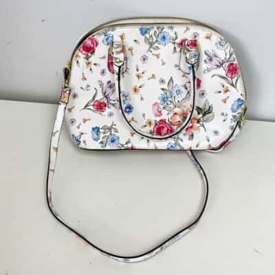  Italian Genuine Leather White Floral Cross Body Bag Handbag