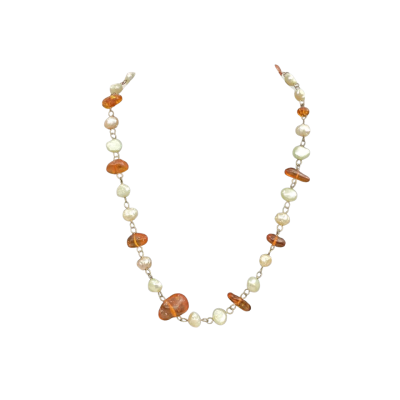  Womens Vintage Beaded Necklace with Amber and Baroque Pearls (Clasp Stamped 925)