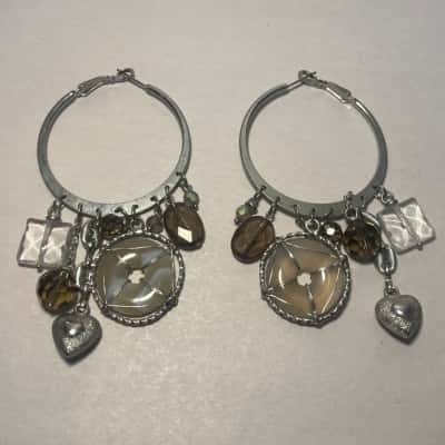 Women’s Silver Tone Hoop Earrings Woth Glass Beads And Wore Wrapped Stone