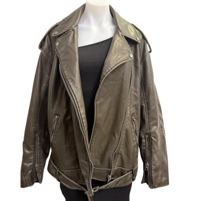 Zara Womens Size L Oversized BikerJacket Brown Leather-look