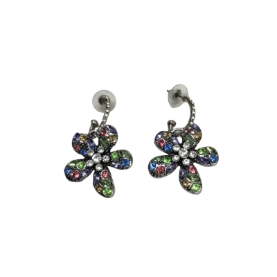 Silver Flower-shaped Drop Earrings With Multicoloured Crystals