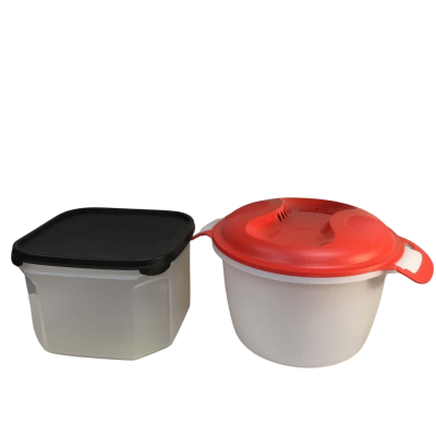 Tupperware Square Container with Black Lid and Microwave Rice Steamer