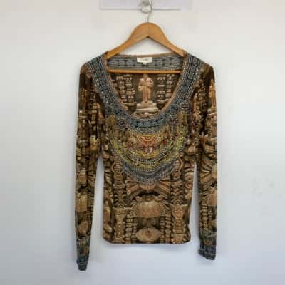 Camilla Crystal Embellished Ornate Art-Inspired Print Long SLeeve Top  Size 3 