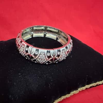  Womens Silver tone Rhinestone elasticated bangle bracelet  
