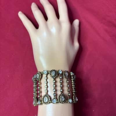  Women's Antique Gold Tone Metal Bracelet with Kundan Polki Stones in Floral & Teardrop Design