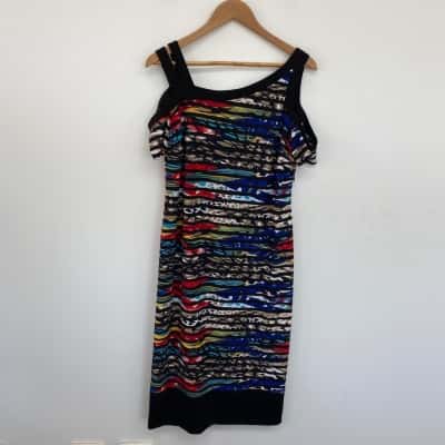 Joseph Ribkoff Black Blue Red Striped Pattern Sleeveless Midi Dress  Size 14 