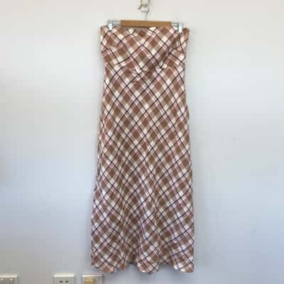 Country Road Nougat Check Strapless Linen Midi Dress  Size 14 